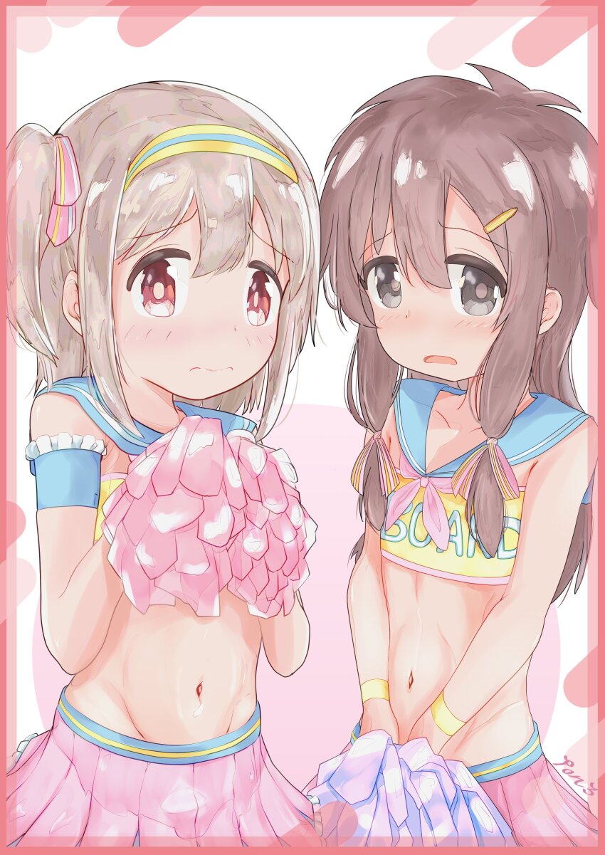 2boys 3: absurdres alternate_costume armband bare_arms blue_sailor_collar blush border bright_pupils brown_hair bulge cheerleader clothes_writing commentary embarrassed frilled_armband frills frown grey_eyes grey_hair groin hair_between_eyes hair_ornament hair_ribbon hairband hairclip hands_on_own_chest highres holding holding_pom_poms long_hair multiple_boys navel one_side_up onii-chan_wa_oshimai! pink_skirt pleated_skirt pom_pom_(cheerleading) pom_poms ponkichi5001 red_border red_eyes ribbon sailor_collar sakurada_yuuta senkawa_minato skirt stomach strapless trap tress_ribbon tube_top v_arms wavy_mouth wristband