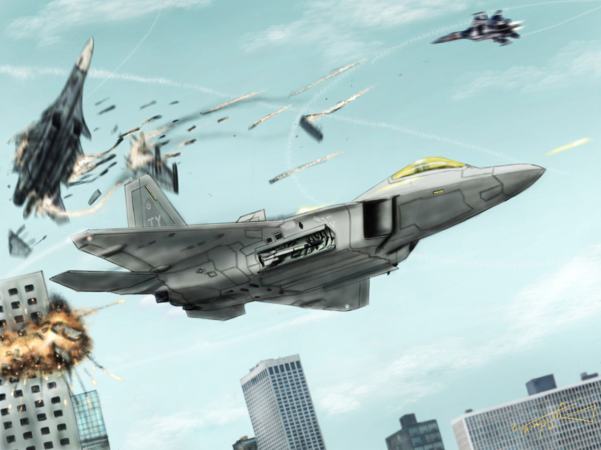 ace_combat ace_combat_assault_horizon aerial_battle aircraft airplane battle building city contrail crushing damaged day explosion f-22 fighter_jet flying highres military military_vehicle missile no_humans sky smoke su-35 su-37 thompson_(solowingfh) vehicle_focus