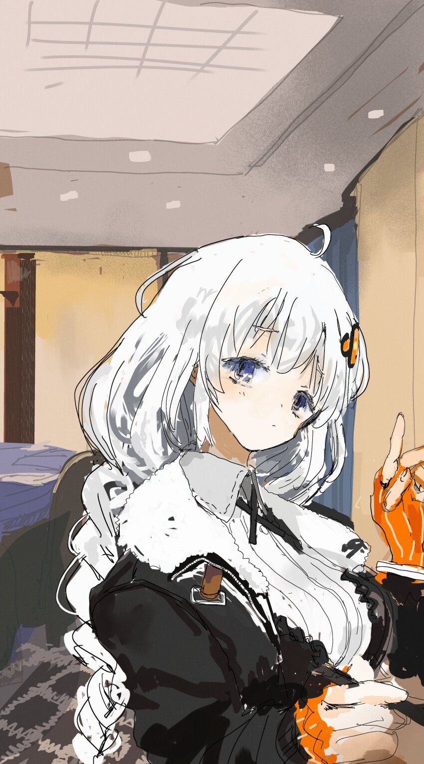 1girl :/ absurdres ahoge black_jacket blue_eyes blush braid breasts chair closed_mouth collared_shirt commentary_request convention_hall cross_tie fur-trimmed_jacket fur_trim hair_ornament highres indoors jacket kabuyama_kaigi kizuna_akari large_breasts long_hair long_sleeves looking_at_viewer low_twin_braids open_clothes open_jacket shirt solo table twin_braids upper_body vocaloid voiceroid white_hair white_shirt