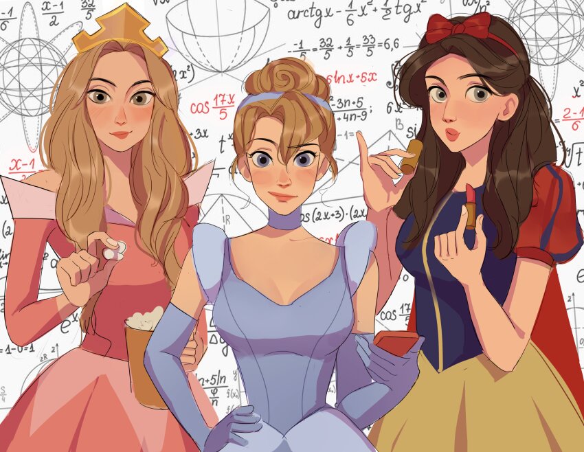 3girls absurdres amy_fowler bernadette_rostenkowski-wolowitz blonde_hair blue_dress blue_eyes blush brown_hair cape choker cinderella cinderella_(disney) cinderella_(disney)_(cosplay) commentary cosmetics cosplay crown dress elbow_gloves food gloves green_eyes hair_bun highres holding holding_food holding_lipstick_tube holding_phone lipstick_tube long_hair looking_at_viewer math multiple_girls penny_(the_big_bang_theory) phone popcorn puffy_short_sleeves puffy_sleeves shmalloe short_sleeves sleeping_beauty sleeping_beauty_(character) sleeping_beauty_(character)_(cosplay) smile snow_white_(disney) snow_white_(disney)_(cosplay) snow_white_and_the_seven_dwarfs the_big_bang_theory
