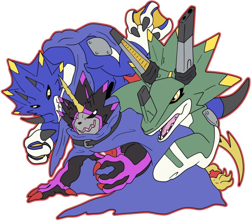 belt digimon digimon_(creature) dinosaur_boy gulusgammamon highres horns kausgammamon looking_at_another sharp_teeth tail teeth triceratops wezengammamon