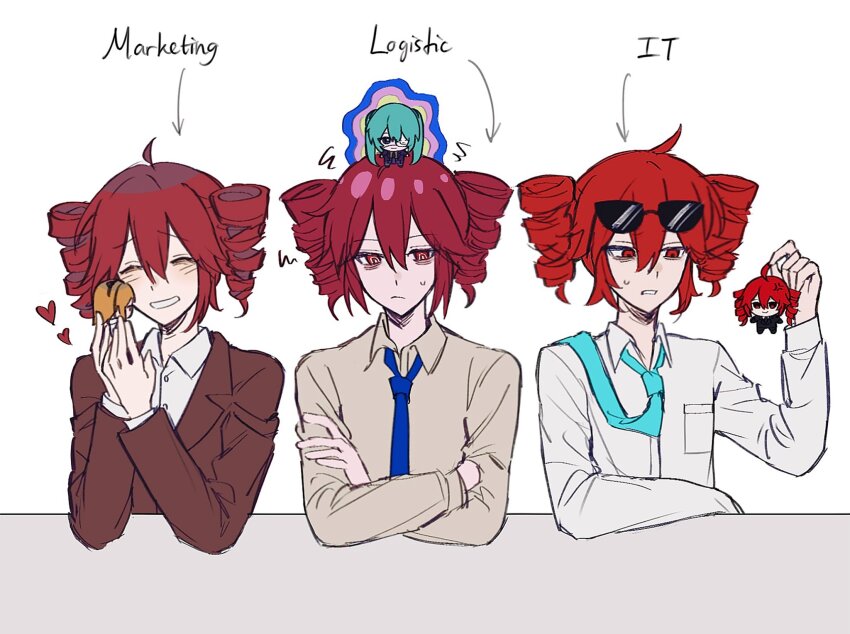 6+girls a.i._voice adachi_rei ahoge ahoge_grab ataman_ita_(synthesizer_v) black_jacket black_necktie black_skirt black_suit blue_hair blue_necktie breast_pocket buttons chibi clenched_teeth closed_mouth drill_hair dual_persona eyepatch eyewear_on_head flat_chest formal_clothes hair_between_eyes hatsune_miku highres holding holding_mini_person jacket kasane_teto kikai_shoujo_to_misoji_ol_(utau) liar_dancer_(synthesizer_v) long_sleeves looking_at_another medical_eyepatch mini_person monitoring_(vocaloid) multiple_girls necktie office_lady orange_hair pocket red_eyes red_hair school_uniform shirt simple_background skirt suit sunglasses table teeth three-quarter_sleeves twin_drills twintails ultra_trailer_(synthesizer_v) utau vocaloid white_background white_shirt wing_collar xom0meku