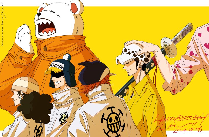 1girl 5boys absurdres bear bepo_(one_piece) black_hair closed_eyes commentary_request curly_hair dated donquixote_rocinante earrings facial_hair goatee hand_on_another&#039;s_head happy_birthday hat heart heart_pirates_jolly_roger heart_print highres ikkaku_(one_piece) jewelry jumpsuit multiple_boys one_piece orange_hair orange_jumpsuit out_of_frame over_shoulder pearl_earrings penguin_(one_piece) profile shachi_(one_piece) sharp_teeth shirt snmi_ss sword sword_over_shoulder teeth trafalgar_law weapon weapon_over_shoulder white_jumpsuit yellow_background yellow_shirt