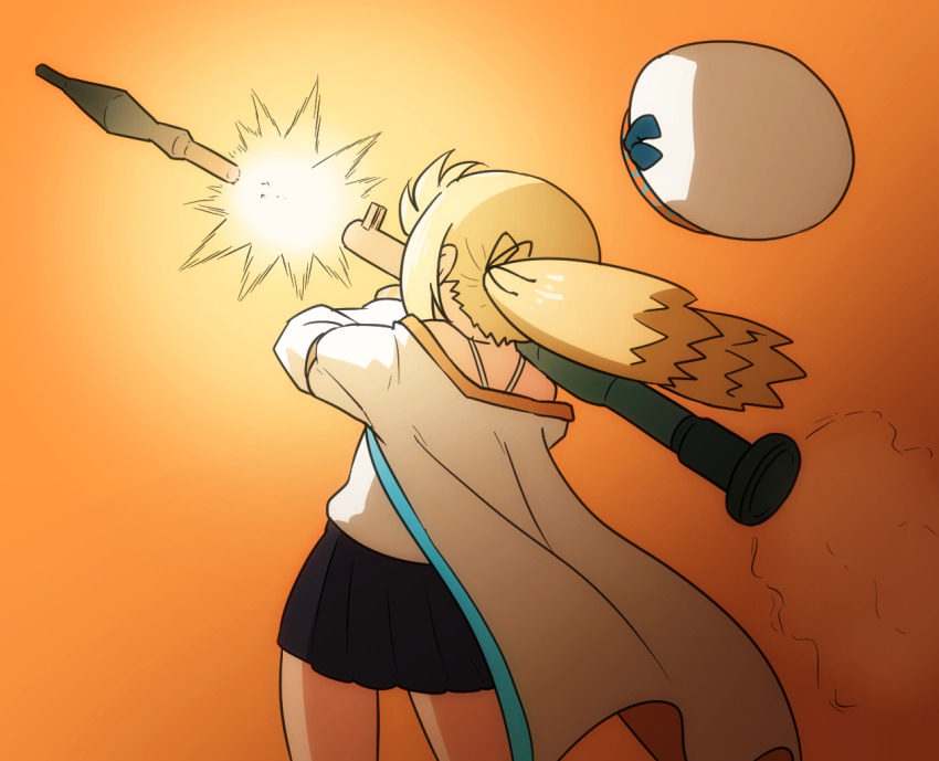 1girl bare_shoulders beret black_ribbon black_skirt blonde_hair copyright_request facing_away firing from_behind gun hair_ribbon hat holding holding_gun holding_weapon jacket long_sleeves off_shoulder orange_background pleated_skirt ribbon rocket_launcher rpg rpg-7 rpg_(weapon) shirosato shirt skirt solo twintails unworn_hat unworn_headwear weapon white_hat white_jacket white_shirt