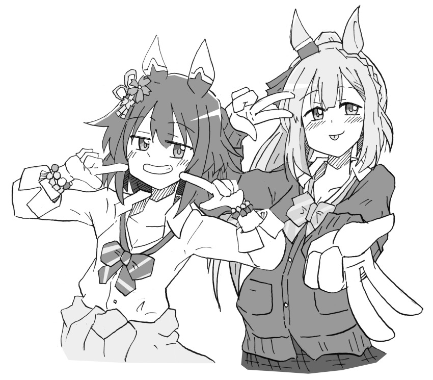 2girls alternate_costume alternate_hairstyle animal_ears blush braid breasts cleavage closed_mouth collarbone double_v flower greyscale grin gyaru hair_between_eyes hair_flaps hair_flower hair_ornament highres horse_ears horse_girl large_breasts long_hair looking_at_viewer mejiro_ardan_(umamusume) monochrome multiple_girls pointing pointing_at_viewer ponytail ribbon sakura_chiyono_o_(umamusume) school_uniform shikararemimi simple_background small_breasts smile solo umamusume v white_background