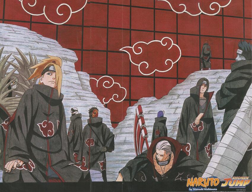 1girl absurdres akatsuki_uniform black_hair blonde_hair cloud deidara_(naruto) forehead_protector hidan_(naruto) highres hoshigaki_kisame jewelry kakuzu_(naruto) kishimoto_masashi konan_(naruto) long_hair long_sleeves looking_at_viewer mask multiple_boys naruto_(series) naruto_shippuuden ninja pain_(naruto) pink_eyes pink_hair red_eyes sasori_(naruto) short_hair tobi_(naruto) uchiha_itachi uchiha_obito zetsu_(naruto)