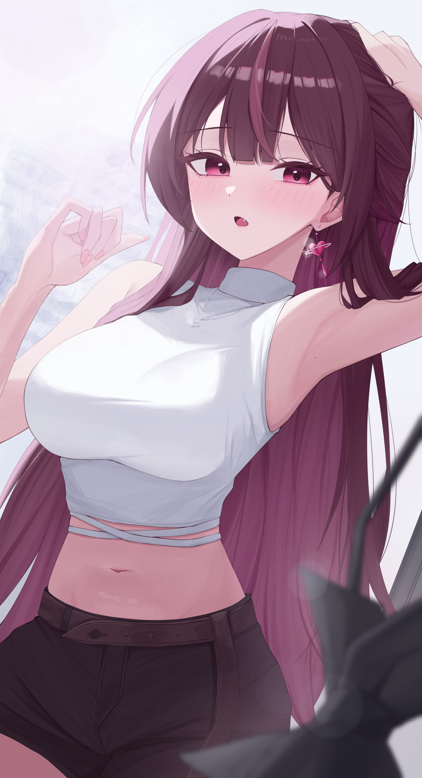 1girl absurdres armpits belt black_shorts blush breasts brown_belt earrings highres jewelry jururu large_breasts long_hair looking_at_viewer midriff navel open_mouth pink_eyes purple_hair sei_(0724sei6) shorts sleeveless sleeveless_sweater solo sweater turtleneck turtleneck_sweater waktaverse