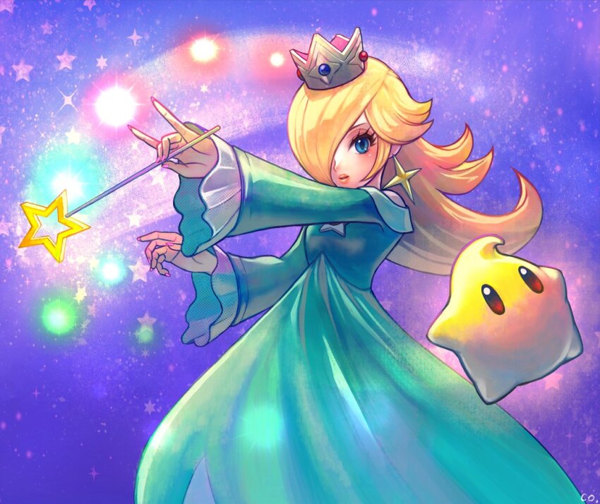1girl aqua_dress aqua_eyes blonde_hair blue_dress co_co_mg dress earrings hair_over_one_eye holding holding_wand jewelry long_hair long_sleeves luma_(mario) mario_(series) nintendo off-shoulder_dress off_shoulder pink_nails purple_nails rosalina space star_(symbol) star_earrings star_wand super_mario_galaxy wand