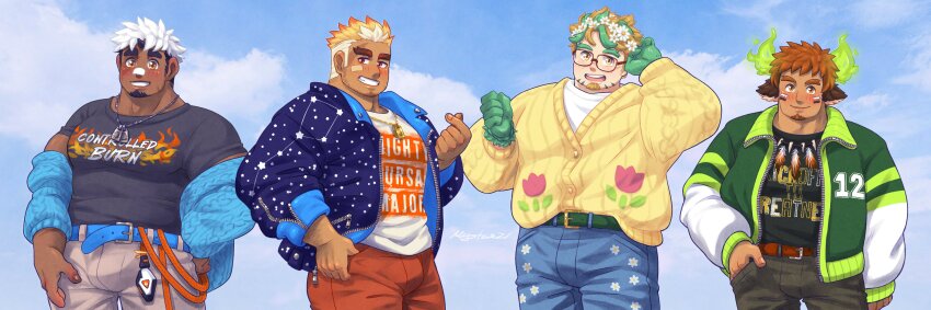 4boys absurdres akiha_gongen_(housamo) bandaid bandaid_on_face bandaid_on_nose bara beard_stubble belt big_dipper black_hair black_shirt blue_belt blue_jacket blue_pants blush brown_pants burn_scar cable_knit cardigan closed_mouth commentary cow_boy cow_horns cowboy_shot daisy dark-skinned_male dark_skin dog_tags english_commentary english_text facial_hair feather_necklace fiery_horns finger_heart floral_print flower glasses goatee goatee_stubble green_hands grey_pants hair_flower hair_ornament hand_in_own_hair hand_in_pocket hand_on_own_hip highres hippolytus_(housamo) horns jacket jewelry large_pectorals letterman_jacket light_brown_hair looking_at_viewer male_focus mark_under_both_eyes multicolored_hair multiple_boys muscular muscular_male mystar21 necklace open_clothes open_jacket orange_hair orange_rope pants pectorals red_pants rope scar scar_on_face shirt short_sleeves signature single_horn sky smile star_(symbol) star_print stubble thick_eyebrows thumb_in_pocket tokyo_houkago_summoners two-tone_hair ulaanbaatar_(housamo) undercut wakan_tanka white_hair white_shirt yellow_cardigan