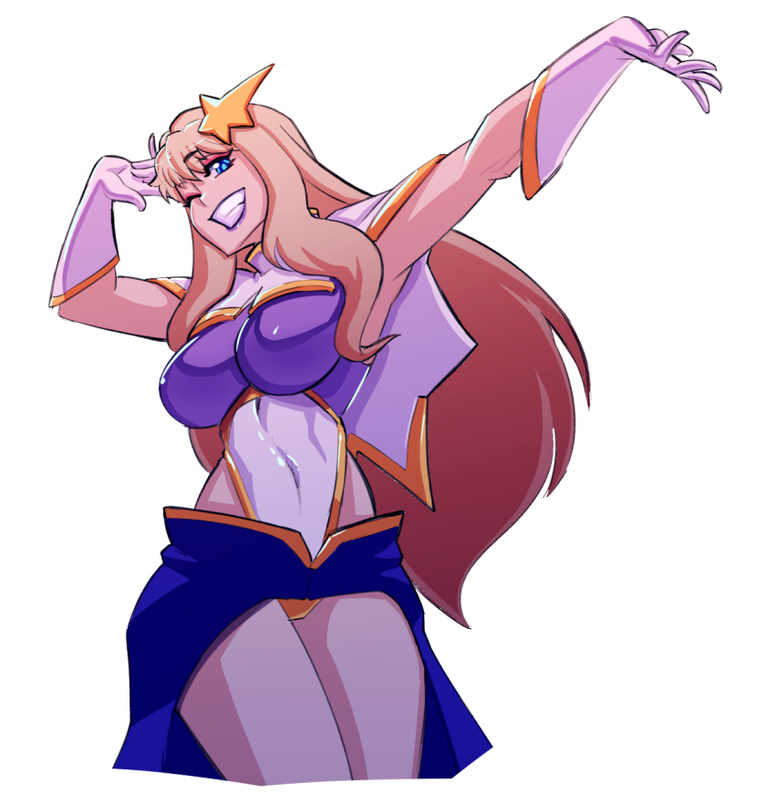 1girl blonde_hair blue_eyes blue_skirt breasts capelet commentary cosmikaizer cosplay english_commentary gloves gundam gundam_seed gundam_seed_destiny hair_ornament head_tilt highres large_breasts leotard long_hair looking_at_viewer macross macross_frontier meer_campbell meer_campbell_(cosplay) multicolored_leotard one_eye_closed open_hands parted_lips purple_leotard purple_lips sheryl_nome skirt smile solo star_(symbol) star_hair_ornament two-tone_leotard white_background white_capelet white_gloves white_leotard