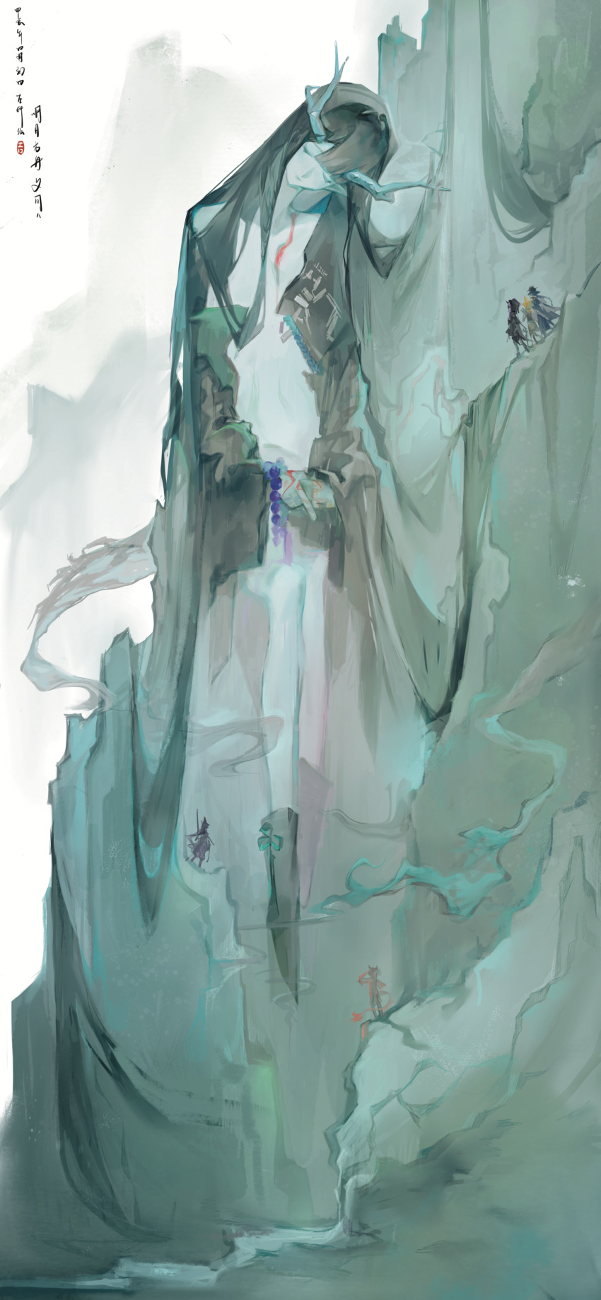 1boy 5girls absurdres arknights bankouniuwahuoguo black_footwear black_hair closed_eyes dress dusk_(arknights) highres kroos_(arknights) kroos_the_keen_glint_(arknights) lava_(arknights) lava_the_purgatory_(arknights) long_hair mountain mr._nothing_(arknights) multiple_girls nian_(arknights) nian_(unfettered_freedom)_(arknights) pencil_dress pointy_ears saga_(arknights) short_dress sitting very_long_hair white_dress