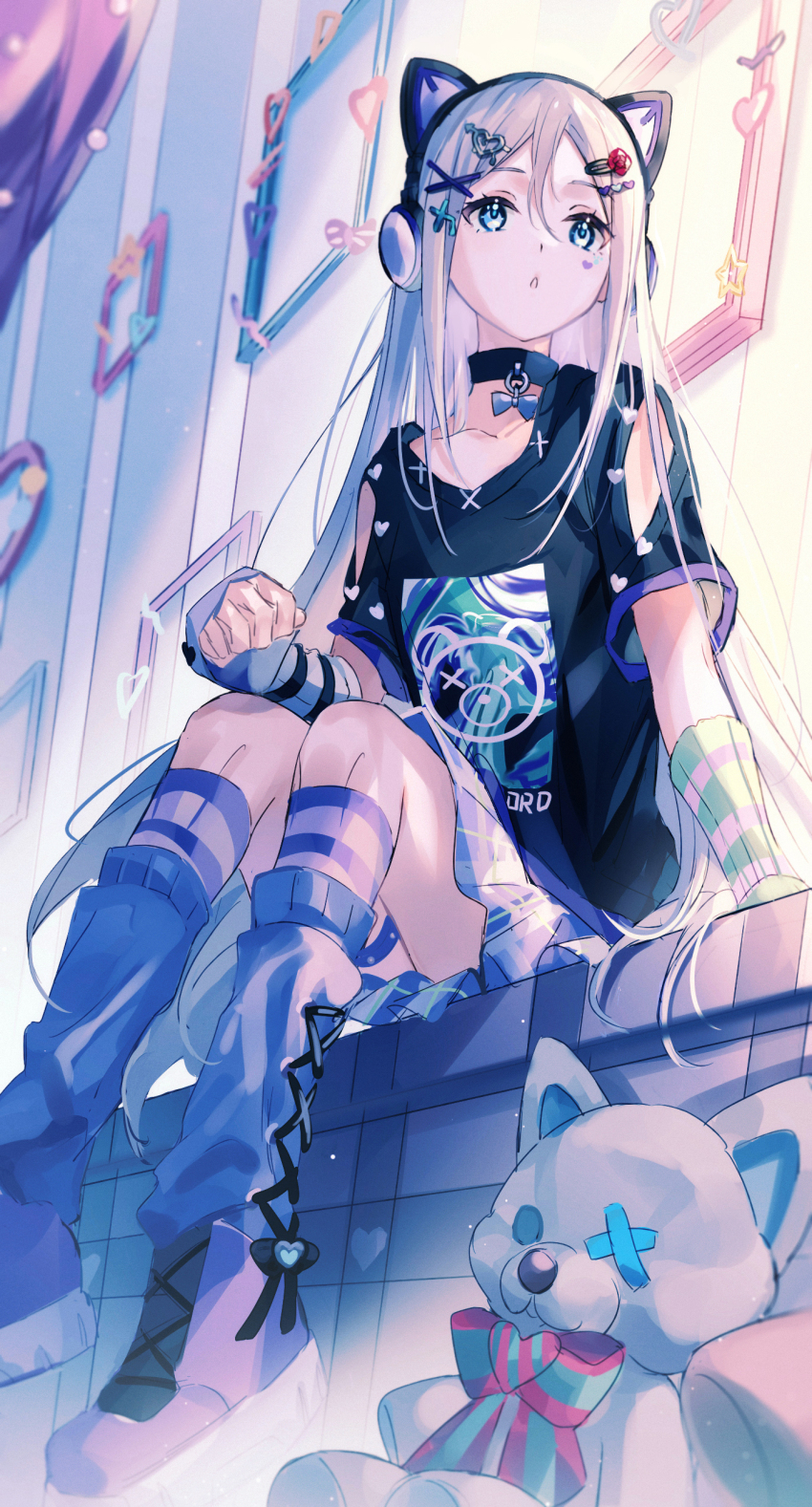 1girl :&lt; absurdres animal_ear_headphones animal_ears arm_support arm_warmers black_choker black_shirt blue_eyes blue_shoes bow bow_choker cat_ear_headphones choker collarbone fake_animal_ears hair_between_eyes haku_wi headphones highres kneehighs knees long_hair looking_afar picture_frame project_sekai shirt shoes sitting skirt socks solo striped_clothes striped_socks stuffed_animal stuffed_toy teddy_bear white_hair yoisaki_kanade