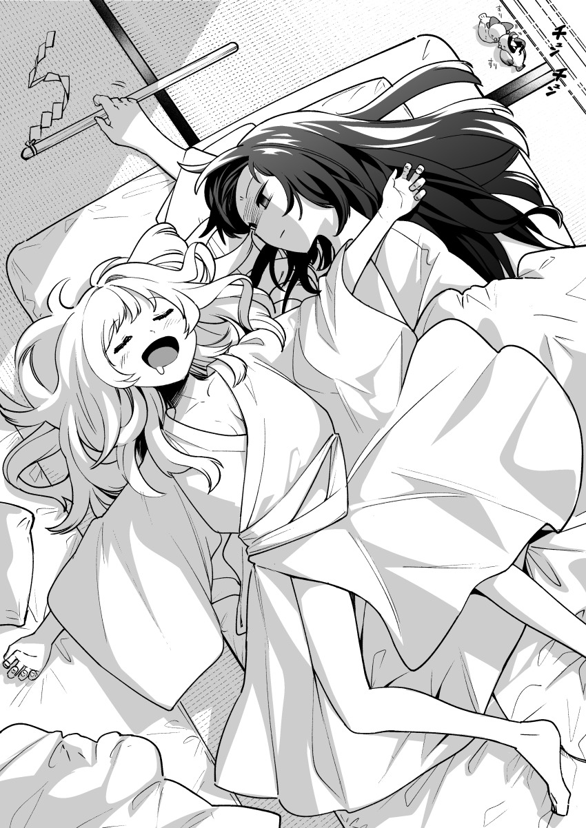 2girls absurdres barefoot bird blanket breasts closed_eyes commentary_request drooling futon gohei greyscale hakurei_reimu hat highres japanese_clothes kimono kirisame_marisa long_hair long_sleeves looking_at_another lying monochrome mouth_drool multiple_girls nodoguro_(phi-tan) on_back open_mouth outstretched_arm outstretched_arms pillow sleeping spread_arms touhou under_covers white_kimono wide_sleeves witch_hat