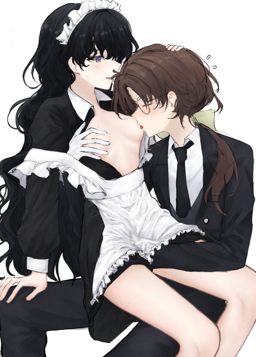 2girls apron black_dress black_hair black_necktie black_pants black_suit blush breasts brown_hair collared_shirt commentary_request dress fingering formal_clothes glasses gloves grabbing_another&#039;s_breast groping hand_on_another&#039;s_head hand_under_clothes hand_under_dress highres isolde_(reverse:1999) kakania_(reverse:1999) licking licking_nipple long_hair maid_apron maid_headdress multiple_girls necktie nipple_stimulation nipples nishiyos pants parted_lips ponytail purple_eyes reverse:1999 shirt simple_background sitting sitting_on_lap sitting_on_person small_breasts suit tongue tongue_out vietnamese_commentary white_apron white_background white_gloves white_headdress white_shirt yuri