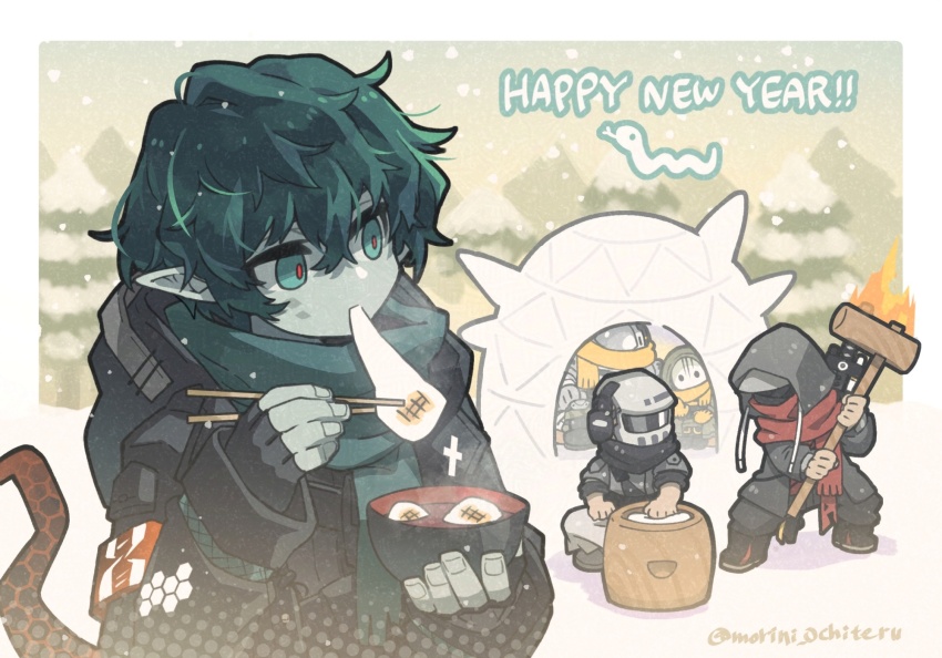 arknights black_gloves black_jacket bowl character_request chinese_zodiac chopsticks colored_skin commentary_request day drawstring eating fingerless_gloves fire food fringe_trim gloves green_eyes green_hair green_scarf grey_jacket grey_skin hair_between_eyes happy_new_year helm helmet highres holding holding_bowl holding_chopsticks hood hood_down hooded_jacket igloo jacket kine long_sleeves mallet mochi mochitsuki morini_ochiteru mortar_(bowl) new_year outdoors pointy_ears red_scarf scarf sleeves_past_wrists snow snow_shelter snowing tail tree twitter_username year_of_the_snake yellow_scarf