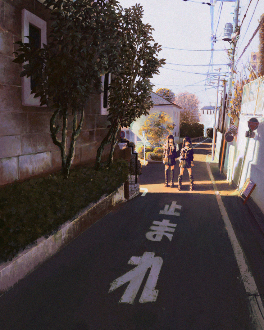 2girls black_hair black_skirt black_thighhighs blue_sky blunt_bangs brown_footwear building bush commentary highres house long_hair making-of_available multiple_girls necktie original outdoors plant red_necktie road road_sign school_uniform shadow sign skirt sky standing stop_sign street thighhighs traffic_mirror tree utility_pole zero808w