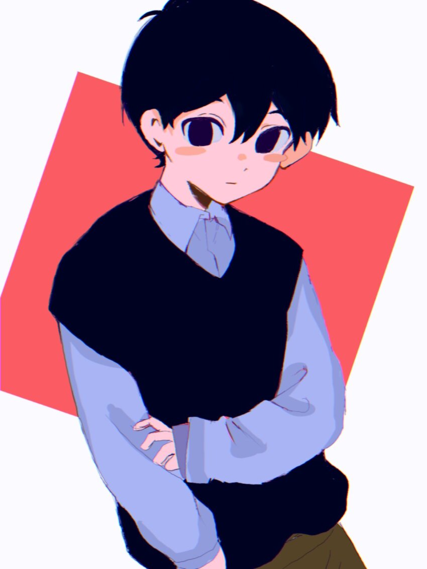 1boy alternate_sleeve_length black_eyes black_hair black_sweater_vest blush brown_shorts closed_mouth collared_shirt expressionless highres long_sleeves looking_at_viewer male_focus omori shirt short_hair shorts solo sunny_(omori) sweater_vest tokkooyaku