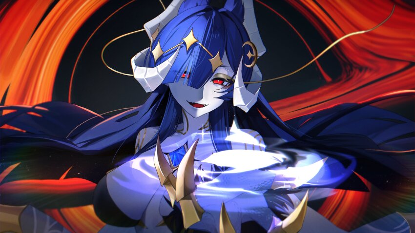 1girl absurdres adhesive_bra black_bra black_hair black_hole blue_hair body_markings bra breasts chest_jewel crescent crescent_hair_ornament d4kou16 dragon_girl dragon_horns fangs gradient_hair hair_ornament highres horns indie_virtual_youtuber long_hair multicolored_hair open_mouth pale_skin reaching reaching_towards_viewer red_eyes solo underwear upper_body vienna_(vtuber) vienna_(vtuber)_(4th_costume) white_horns