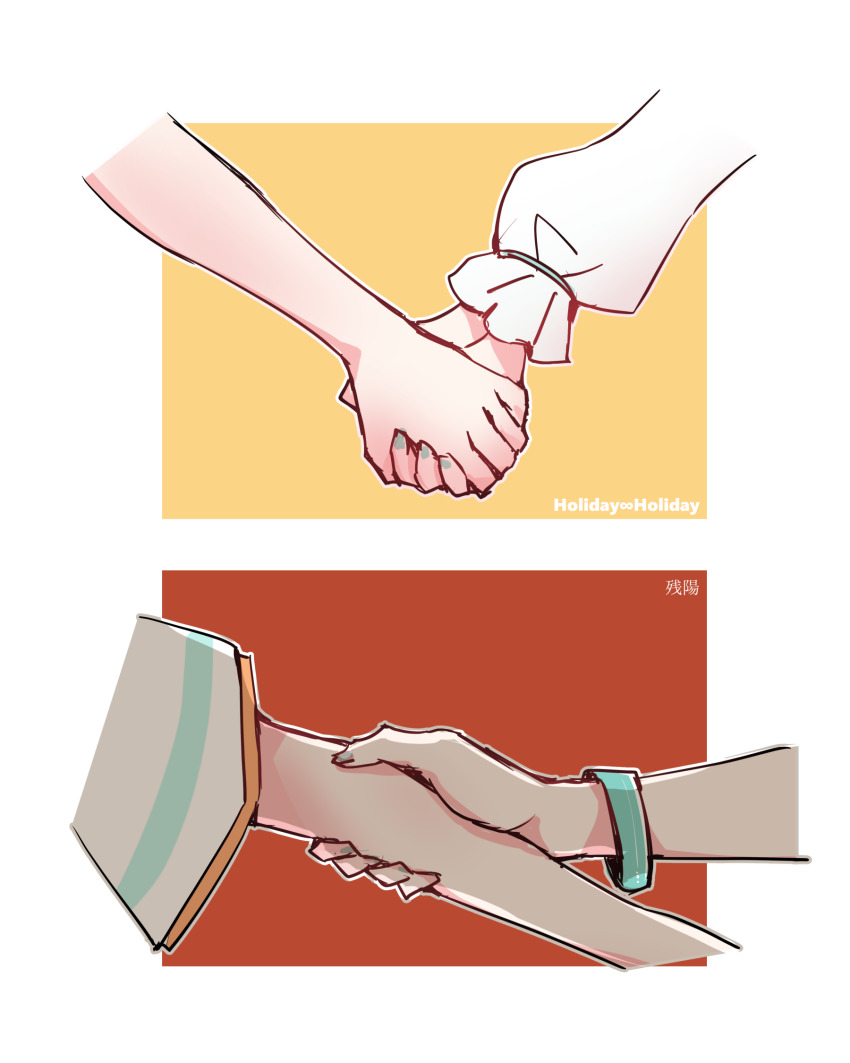 1st_live_tour_~run!_can!_fun!~ 2girls arm_focus blue_nails bracelet commentary_request comparison genyo_yako grabbing_another&#039;s_arm hand_focus highres hinoshita_kaho holiday_holiday_(love_live!) jewelry kanduki_kamibukuro link!_like!_love_live! long_sleeves love_live! multiple_girls official_alternate_costume otomune_kozue puffy_long_sleeves puffy_sleeves short_sleeves song_name virtual_youtuber zanyo_(love_live!)