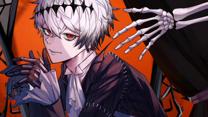 1boy ascot black_gloves black_jacket closed_mouth con3okita crying crying_with_eyes_open curtains gloves jacket looking_at_viewer male_focus orange_background orange_eyes ringed_eyes short_hair skeletal_arm skully_j._graves solo tears twisted_wonderland white_ascot white_hair