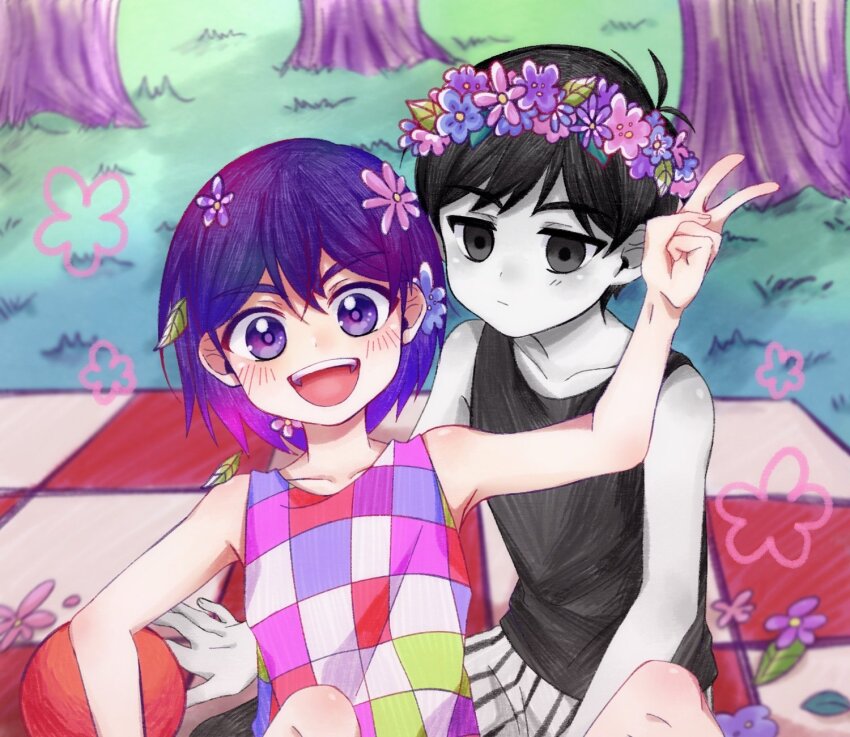 2boys :d antenna_hair bare_arms bare_shoulders black_eyes black_hair black_tank_top blue_flower checkered_clothes collarbone colored_skin commentary empty_eyes english_commentary fingernails flower flower_wreath grass hair_behind_ear hair_flower hair_ornament hatching_(texture) head_wreath highres kel_(headspace)_(omori) kel_(omori) knees_up leaf leaf_on_head linglanjunying male_focus multiple_boys omori omori_(omori) open_mouth outdoors picnic_blanket pink_flower purple_eyes purple_flower purple_hair sitting smile striped_clothes tank_top teeth tree upper_body upper_teeth_only v vertical-striped_clothes white_skin