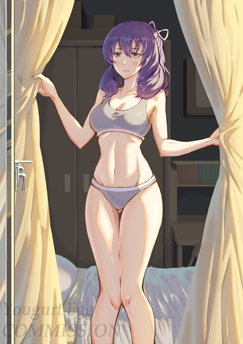1girl ao_no_kiseki artist_name bed blush bra breasts cleavage commission curtains eiyuu_densetsu eyebrows falcom gluteal_fold grey_bra grey_panties hajimari_no_kiseki highres kuro_no_kiseki_(series) kuro_no_kiseki_i long_hair medium_breasts multicolored_bra multicolored_panties navel open_mouth panties purple_eyes purple_hair ribbon rixia_mao sen_no_kiseki sen_no_kiseki_(series) sen_no_kiseki_i sen_no_kiseki_ii sports_bra tired underwear underwear_only yogert_egg zero_no_kiseki