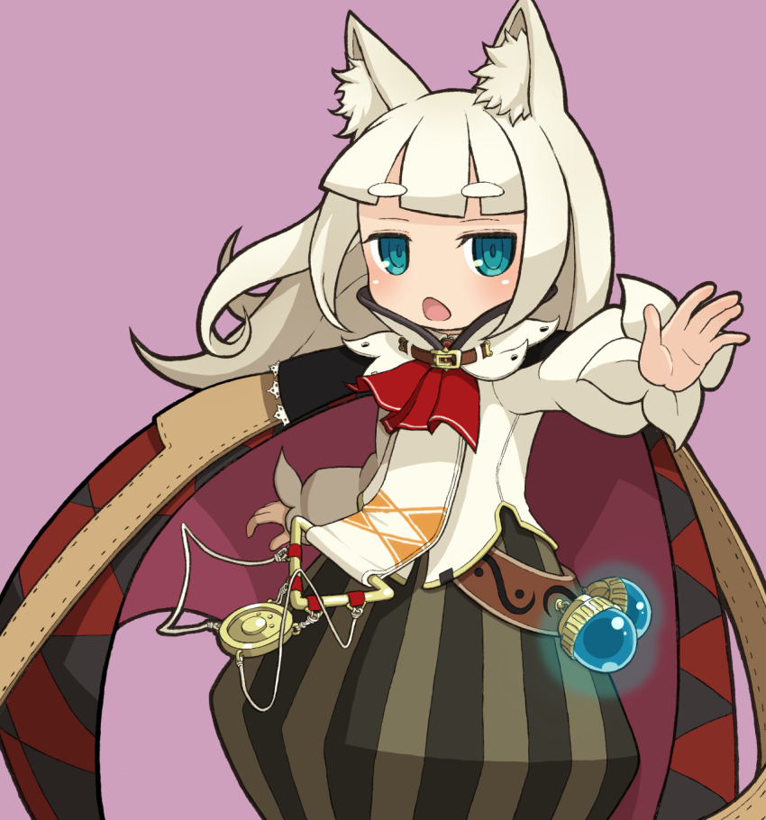 1girl 7th_dragon 7th_dragon_(series) animal_ear_fluff animal_ears blue_eyes blunt_bangs blush cape cowboy_shot d: fox_ears highres ikurakun_(7th_dragon) long_hair long_sleeves mage_(7th_dragon) open_mouth purple_background reaching shikutsune_fox simple_background solo thick_eyebrows white_hair