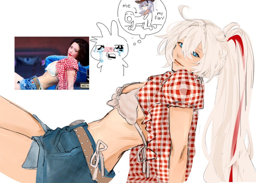 1girl absurdres belt blue_eyes bra bright_pupils brown_belt cellysticks commentary cosplay denim denim_shorts english_commentary gingham gingham_shirt high_ponytail highres honkai_(series) honkai_impact_3rd kiana_kaslana kiana_kaslana_(herrscher_of_flamescion) kwon_eun-bi kwon_eun-bi_(cosplay) long_hair multicolored_hair open_clothes open_shirt ponytail red_hair red_shirt shirt shorts smile streaked_hair two-tone_hair underwear white_bra white_hair white_pupils