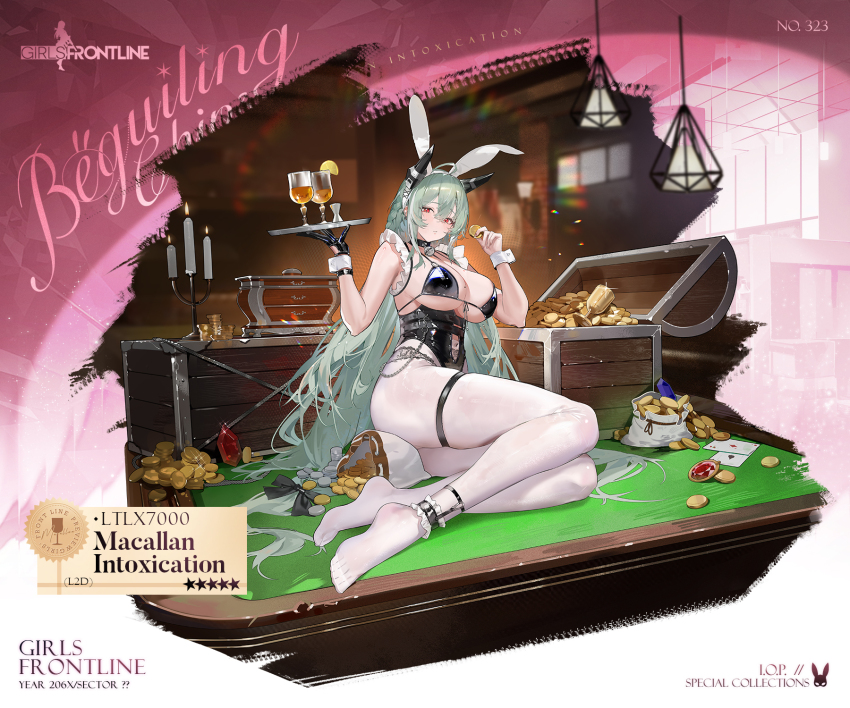 1girl ace_(playing_card) ace_of_diamonds ace_of_spades animal_ears bell bikini bikini_top_only black_bikini black_gloves black_ribbon blue_gemstone breasts candle card character_name coin copyright_name corset cup diamond_(shape) drinking_glass english_text fake_animal_ears feet food fruit gem girls&#039;_frontline gloves gold gold_coin green_hair hair_between_eyes hair_ribbon headgear highres holding holding_coin holding_tray lemon lemon_slice light_blush looking_at_viewer ltlx_7000_(girls&#039;_frontline) ltlx_7000_(macallan_intoxication)_(girls&#039;_frontline) mole mole_on_breast money neck_bell no_shoes nontraditional_playboy_bunny official_alternate_costume official_art on_table pantyhose pink_background playing_card pool_table promotional_art rabbit_ears red_eyes red_gemstone ribbon sack second-party_source silver_coin sitting solo spade_(shape) star_(symbol) swimsuit table thigh_strap toes tray treasure_chest tucked_money white_pantyhose white_wrist_cuffs wrist_cuffs yokozuwari yoyo_(550098)