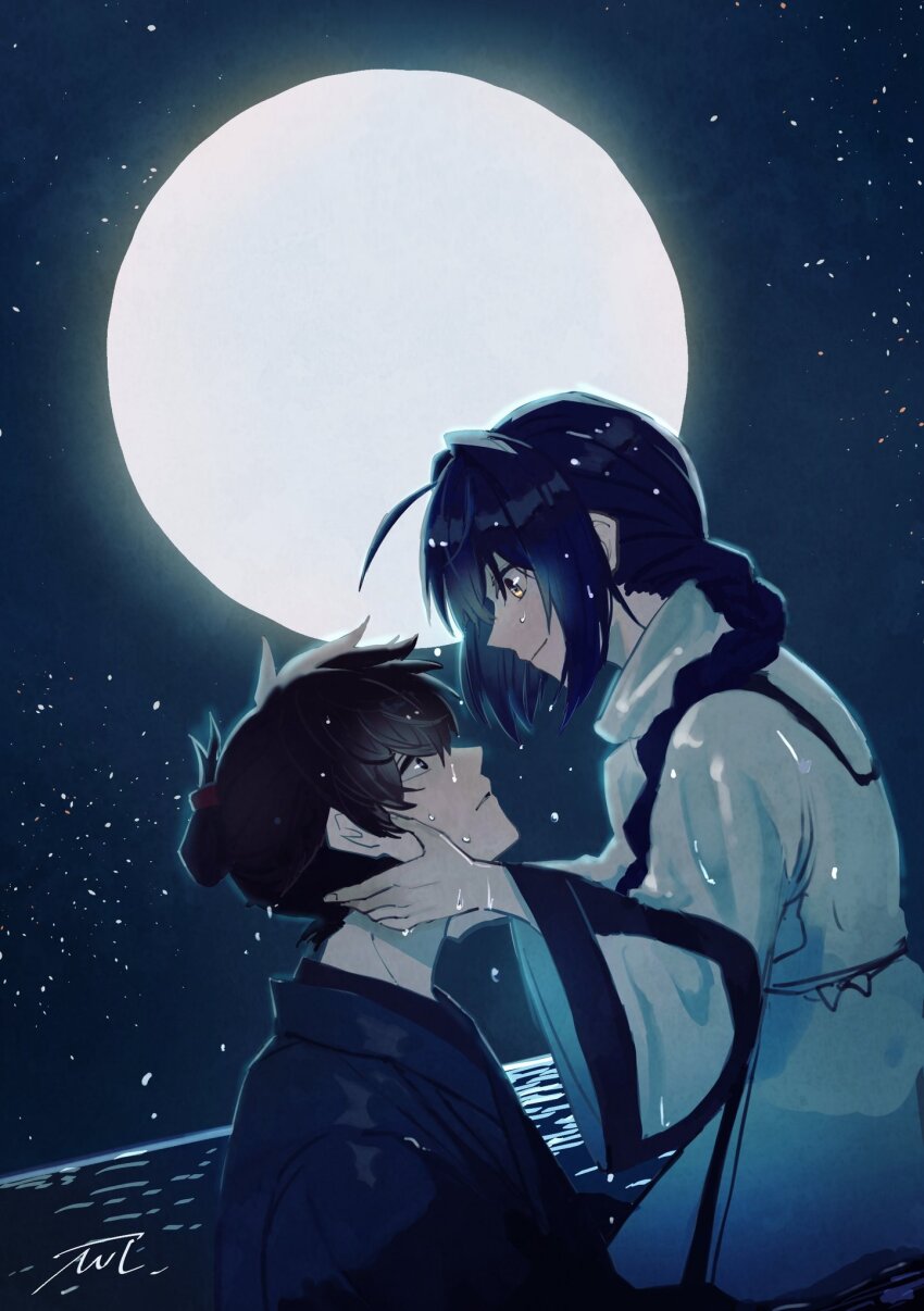 1boy 1other androgynous backlighting black_hair blue_kimono braid braided_ponytail dark fate/samurai_remnant fate_(series) full_moon hair_intakes hands_on_another&#039;s_face highres horizon japanese_clothes kimono miyamoto_iori_(fate) mmmpsychedelic138 moon night night_sky partially_submerged profile signature sketch sky star_(sky) starry_sky topknot water wet wet_clothes wet_hair yamato_takeru_(fate) yellow_eyes