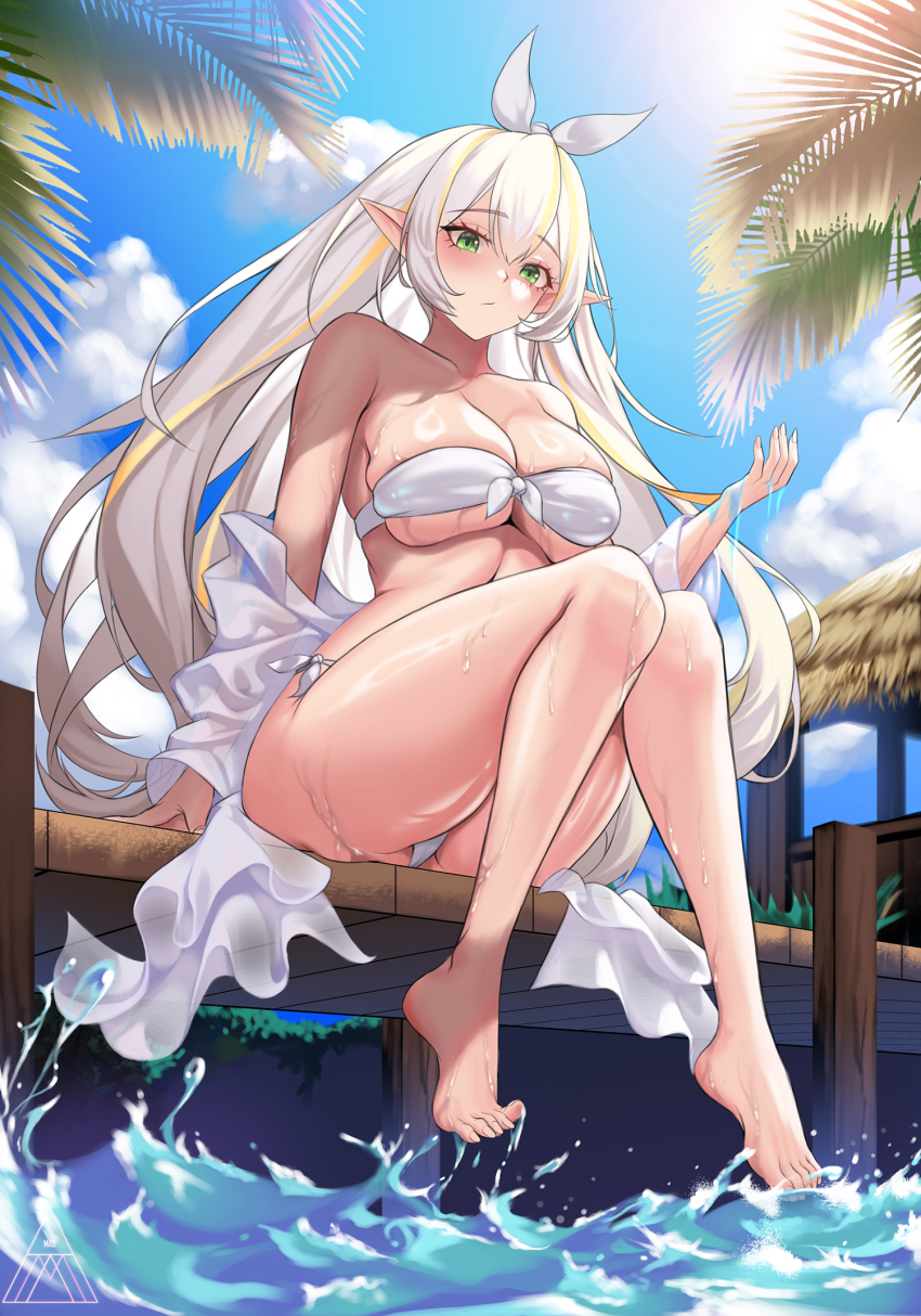 1girl :/ artist_logo bare_shoulders barefoot bikini blue_sky breasts cleavage cloud cloudy_sky collarbone commission double-parted_bangs elf feet front-tie_bikini_top front-tie_top green_eyes hair_between_eyes hair_ribbon hand_up highres hut large_breasts legs logo long_hair looking_at_viewer mad_kimo multicolored_hair off_shoulder original palm_tree pointy_ears ribbon shawl side-tie_bikini_bottom sitting skindentation sky solo splashing streaked_hair sunlight swimsuit thick_thighs thighs toenails toes tree underboob very_long_hair water wet white_bikini white_hair white_ribbon white_shawl wooden_deck