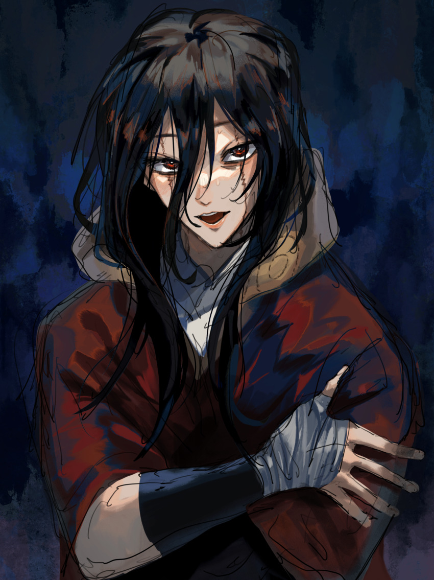 1girl absurdres black_hair blue_background cloak fingerless_gloves fumetsu_no_anata_e gloves hair_between_eyes hayase_(fumetsu_no_anata_e) highres hood hooded_cloak japanese_clothes lips long_hair looking_at_viewer multiple_scars open_mouth red_cloak red_eyes scar scar_across_eye scar_on_face simple_background sketch upper_body wrist_guards yukiji_(4215haru)
