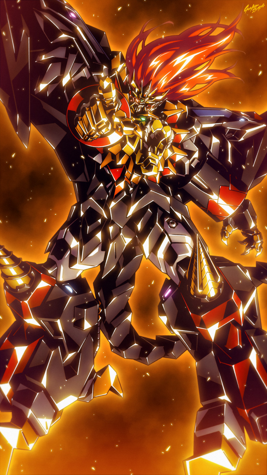 drill gaogaigar genesic_gaogaigar highres lion long_hair mecha pointing pointing_at_viewer red_hair robot tail yuusha_ou_gaogaigar yuusha_series