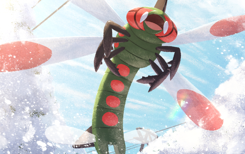 animal_focus blue_sky cloud commentary_request day ewokakukaede fangs gen_4_pokemon highres insect_wings nintendo no_humans open_mouth outdoors pokemon pokemon_(creature) pokemon_focus red_eyes sky water_drop wings yanmega