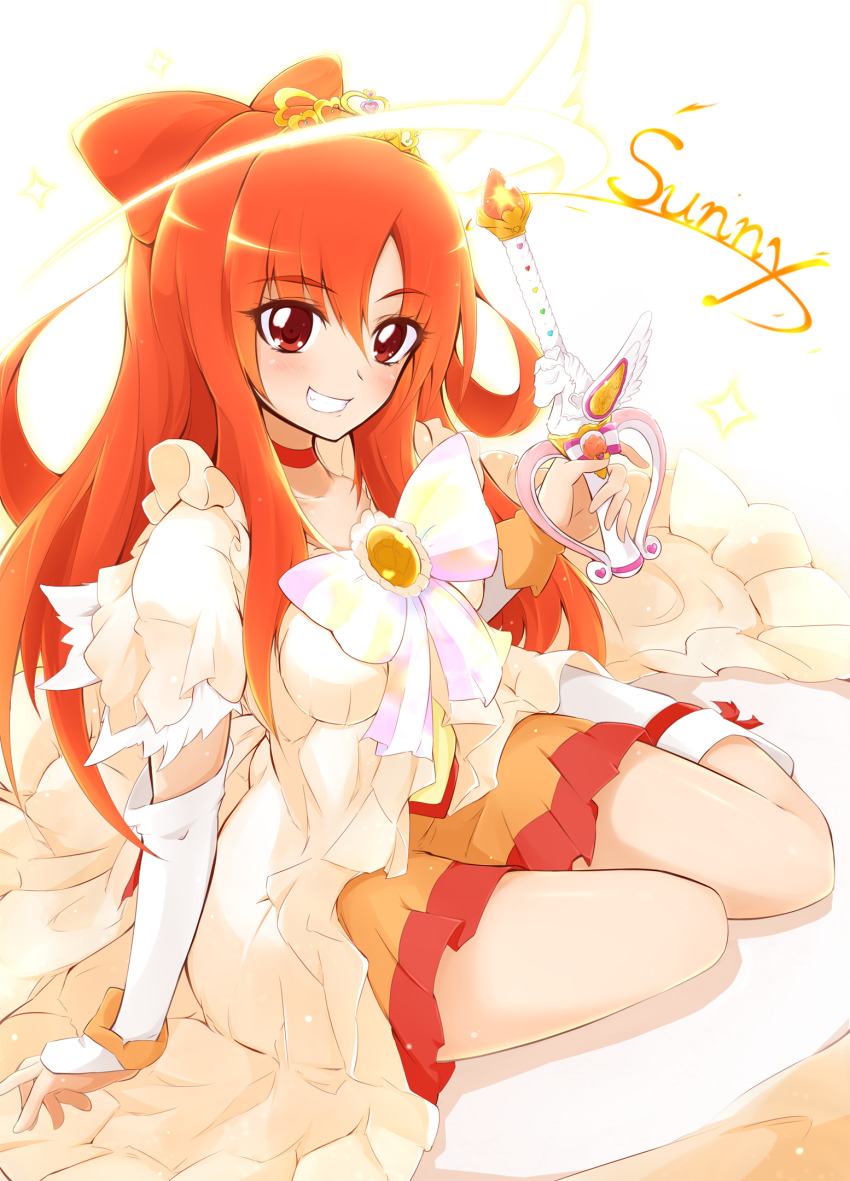 1girl arm_warmers ashita_wa_hitsuji bike_shorts blush bow bow-shaped_hair character_name choker commentary_request crown cure_sunny cure_sunny_(princess_form) detached_sleeves dress eyelashes fingerless_gloves gloves hair_bun hair_ornament happy highres hino_akane_(smile_precure!) jewelry long_hair looking_at_viewer magical_girl orange_dress orange_eyes orange_hair precure ribbon simple_background single_hair_bun sitting skirt smile smile_precure! solo tiara white_background white_gloves white_legwear