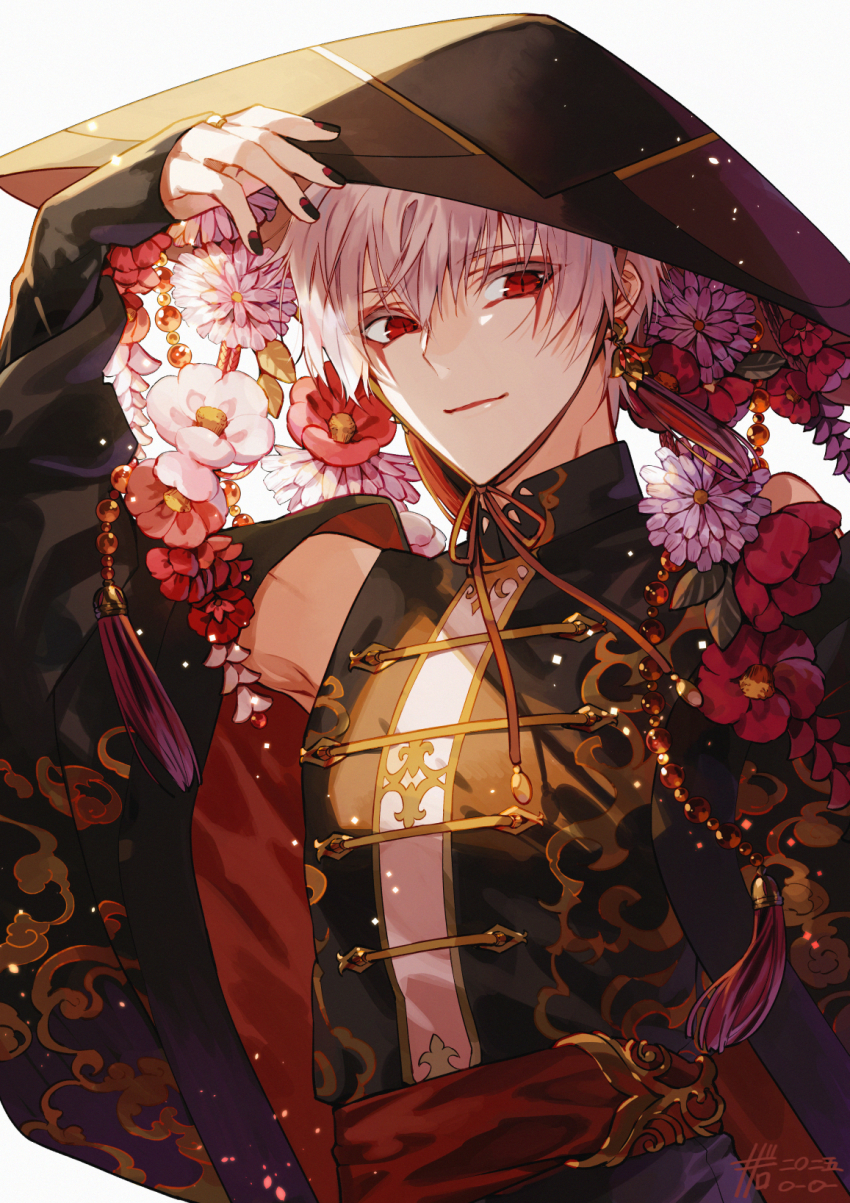 1boy ajirogasa black_hat black_jacket black_nails black_shirt chin_strap commentary_request flower hat highres jacket light_particles male_focus matsunaka_hiro original pink_eyes pink_hair red_eyes red_flower red_sash sash shirt short_hair sleeveless sleeveless_shirt slit_pupils solo tassel upper_body waist_sash white_flower