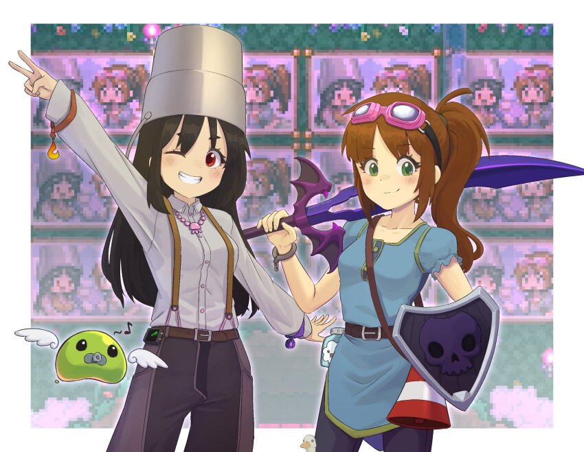 2girls black_hair blush bottle breasts brown_hair bucket bucket_(suweeka) bucket_on_head closed_mouth cowboy_shot eighth_note game_screenshot_background goggles goggles_(suweeka) goggles_on_head green_eyes grin highres holding holding_sword holding_weapon long_hair long_sleeves medium_breasts megaphone multiple_girls musical_note object_on_head one_eye_closed original over_shoulder pants ponytail puffy_short_sleeves puffy_sleeves red_eyes screenshot_background shield short_sleeves smile suspenders suweeka sword sword_over_shoulder terraria v weapon weapon_over_shoulder
