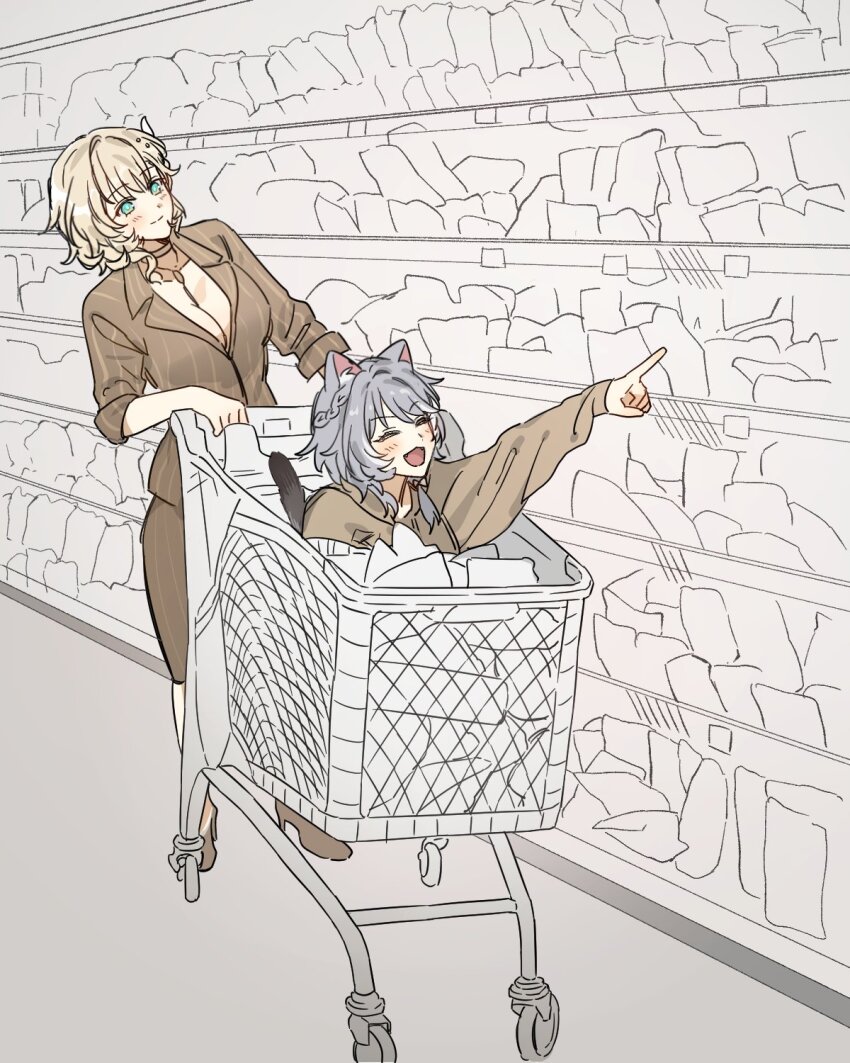 2girls 9_(hcl9fg) aglaea_(fashion)_(honkai:_star_rail) aglaea_(honkai:_star_rail) alternate_costume animal_ear_fluff animal_ears blonde_hair breasts cat_ears choker cipher_(honkai:_star_rail) cipher_(sweet_slumber)_(honkai:_star_rail) cleavage closed_eyes formal_clothes green_hair grey_hair highres honkai:_star_rail honkai_(series) hood hoodie indoors multiple_girls open_clothes shopping_cart smile suit