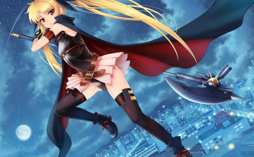1girl :o arm_strap bardiche_(axe_form)_(nanoha) bardiche_(nanoha) belt black_leotard black_thighhighs boots cape city_lights cityscape fate_testarossa fate_testarossa_(movie_1st_form) female_focus full_moon gloves hair_ribbon highres kouno_hikaru leotard looking_at_viewer lyrical_nanoha magical_girl mahou_shoujo_lyrical_nanoha mahou_shoujo_lyrical_nanoha_the_movie_1st moon night ribbon showgirl_skirt sleeveless solo thighhighs twintails