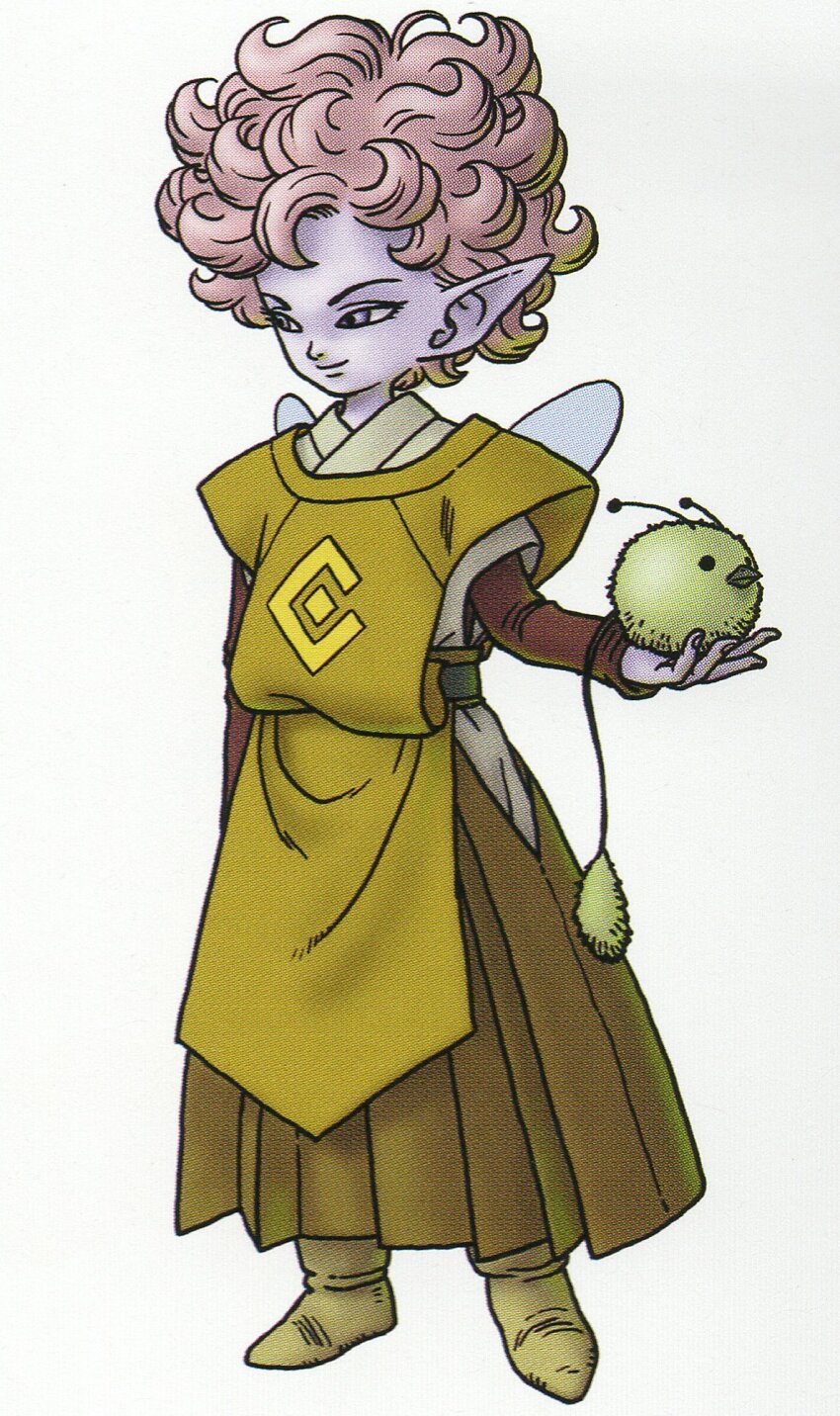 1boy 1other androgynous animal colored_skin curly_hair dragon_quest dragon_quest_x elf_(dq10) fairy_wings full_body hakama highres holding holding_animal japanese_clothes light_smile looking_to_the_side male_focus official_art pink_hair pointy_ears purple_eyes purple_skin scan short_hair solo third-party_source toriyama_akira white_background wings