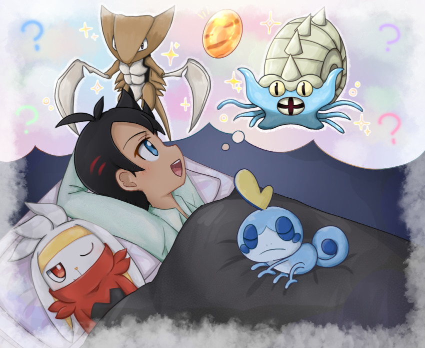 1boy ? animal_ears antenna_hair black_hair blanket dark-skinned_male dark_skin game_freak gen_1_pokemon gen_8_pokemon goh_(pokemon) green_pajamas imagining kabutops lying nintendo old_amber omastar on_back one_eye_closed open_mouth pajamas pillow pokemon pokemon_(anime) pokemon_(creature) pokemon_journeys rabbit_ears raboot short_hair sleeping sobble speech_bubble teeth thought_bubble upper_teeth_only