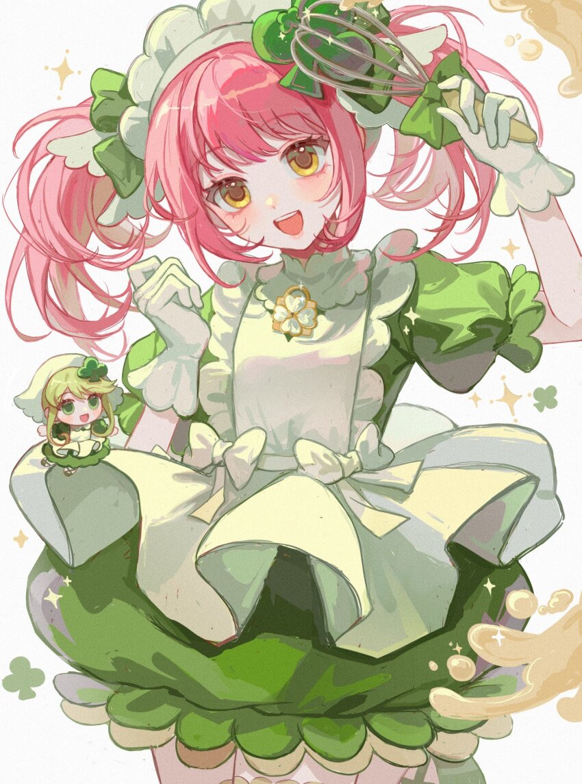 2girls amulet_clover apron blonde_hair bow_apron club_(shape) club_hair_ornament dress frilled_apron frills gloves green_dress green_eyes guardian_chara highres hinamori_amu holding holding_whisk humpty_lock_(shugo_chara!) jing_qiu123 looking_at_viewer multiple_girls open_mouth pink_hair puffy_short_sleeves puffy_sleeves short_sleeves shugo_chara! smile suu_(shugo_chara!) twintails whisk white_apron white_gloves yellow_eyes