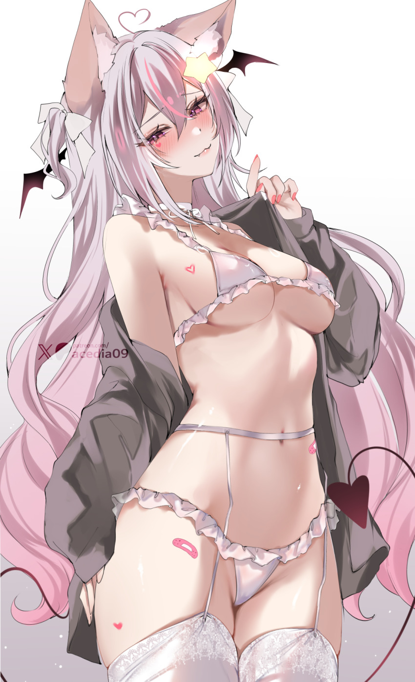 1girl acedia animal_ears annytf bandaid bat_wings black_jacket blush breasts choker commentary demon_girl demon_tail english_commentary facial_mark frilled_panties frills garter_belt garter_straps gradient_hair grey_hair hair_ornament head_wings heart heart_facial_mark highres indie_virtual_youtuber jacket large_breasts long_hair looking_at_viewer multicolored_hair nail_polish navel open_clothes open_jacket panties pink_hair red_eyes smile solo star_(symbol) star_hair_ornament tail thighhighs underwear underwear_only virtual_youtuber white_choker white_thighhighs wings