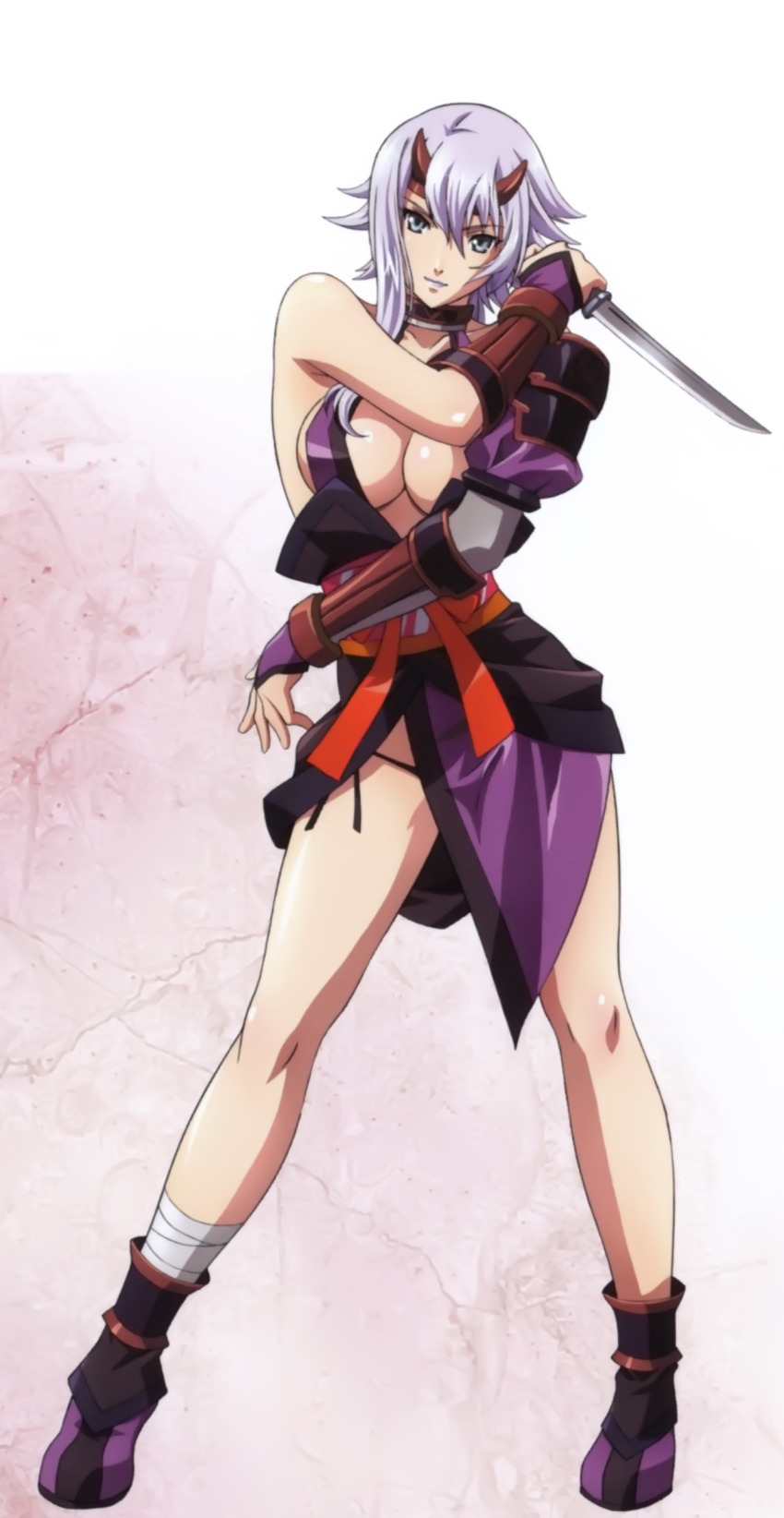 1girl absurdres bandages bare_shoulders breasts cleavage dagger eiwa female_focus grey_eyes highres knife light_purple_hair lipstick long_hair makeup official_art panties queen&#039;s_blade rin-sin shizuka_(queen&#039;s_blade) side-tie_panties solo standing underwear weapon