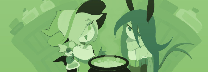 2girls androgynous antennae bottle cauldron claire_(dweller&#039;s_empty_path) dweller&#039;s_empty_path eyelashes eyeshadow green_theme hair_over_one_eye hat highres holding holding_bottle holding_potion indoors long_hair makeup monochrome multiple_girls official_art open_mouth potion scarf short_hair smile tail temmie_chang very_long_hair wings witch witch_hat yoki_(dweller&#039;s_empty_path)