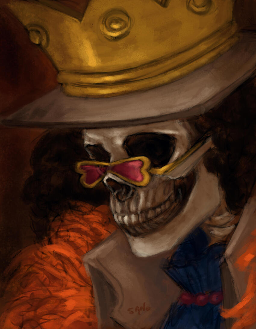1boy absurdres afro artist_name ascot black_hair blue_ascot brook_(one_piece) clenched_teeth commentary crown_hat english_commentary hat highres male_focus one_piece pink-tinted_eyewear skeleton solo sunglasses teeth thewordlesssignature tinted_eyewear yellow-framed_eyewear