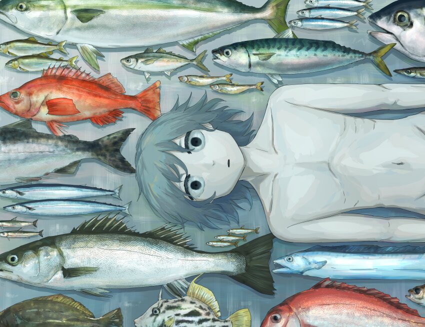 1boy absurdres anchovy_(fish) avogado6 bass_(fish) black_eyes blue_hair collarbone death eel fins fish fish_request highres lying mackerel_(fish) male_focus navel no_nipples nude on_back original out-of-frame_censoring pale_skin parted_lips red_snapper sardine solo tuna