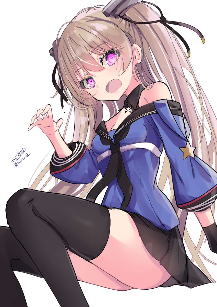 1girl absurdres bare_shoulders bow brown_hair hair_bow highres hizaka johnston_(kancolle) kantai_collection long_hair looking_at_viewer neckerchief open_mouth pink_eyes ribbon sitting skirt solo star_(symbol) thighhighs twintails twitter_username