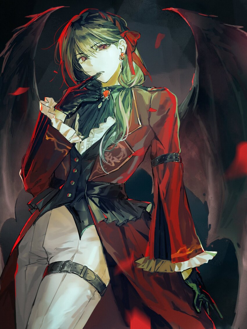1girl arm_belt ascot bang_dream! bang_dream!_it&#039;s_mygo!!!!! bat_wings belt belt_buckle black_ascot black_background black_belt black_gloves black_vest brown_eyes buckle buttons center_frills coat cowboy_shot earrings feiyu30903448 finger_to_mouth frilled_sleeves frills gem gloves hair_between_eyes hair_ribbon head_tilt highres jewelry lapels leg_belt long_hair long_sleeves looking_at_viewer low_side_ponytail making-of_available mole mole_under_eye notched_lapels official_alternate_costume official_alternate_hairstyle open_clothes open_coat pants parted_lips print_coat red_coat red_gemstone red_ribbon ribbon shiina_taki solo vest waistcoat white_pants wide_sleeves wings