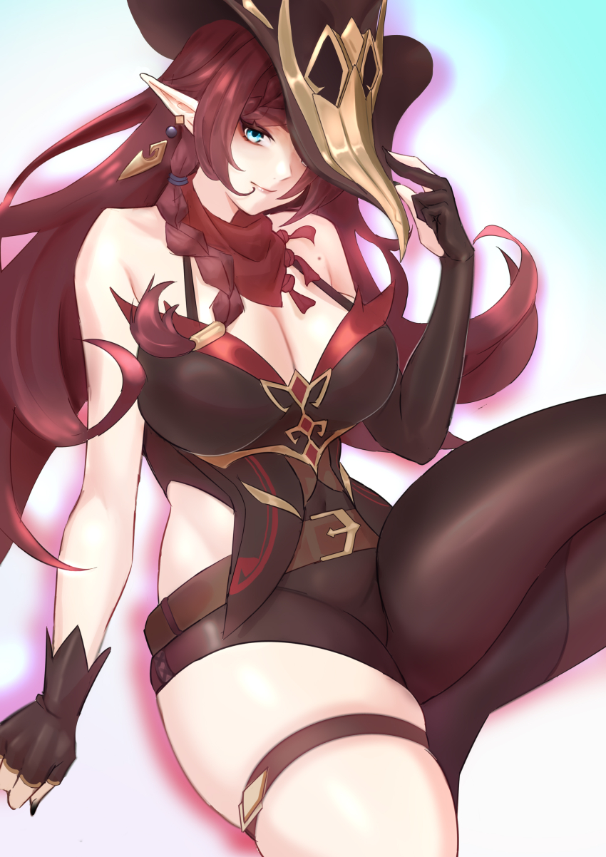 1girl absurdres artist_request asymmetrical_legwear belt breasts chasca_(genshin_impact) cleavage earrings genshin_impact hat highres jewelry pointy_ears red_hair simple_background thigh_belt thigh_strap